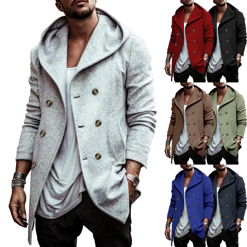 mens soil medium and long lapel hooded composite space cotton double-breasted casual trench coat250820