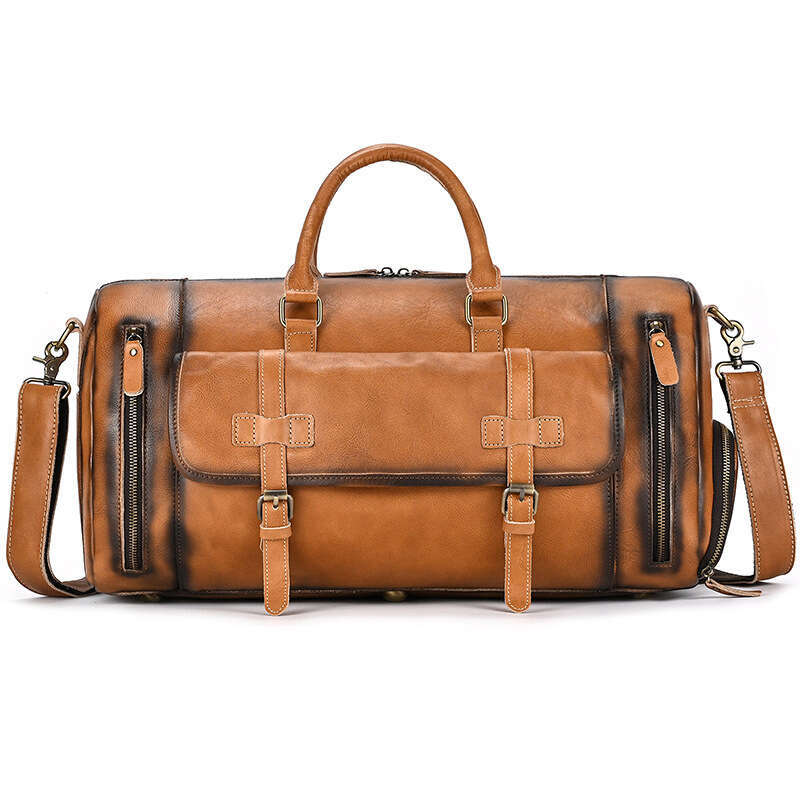 Genuine Travel for Men, Tree Cream Gym Bag, Single Shoulder Handbag, High-Grade Polished Vegetable-Tanned Leather Luggage Bag with Shoe Compartment