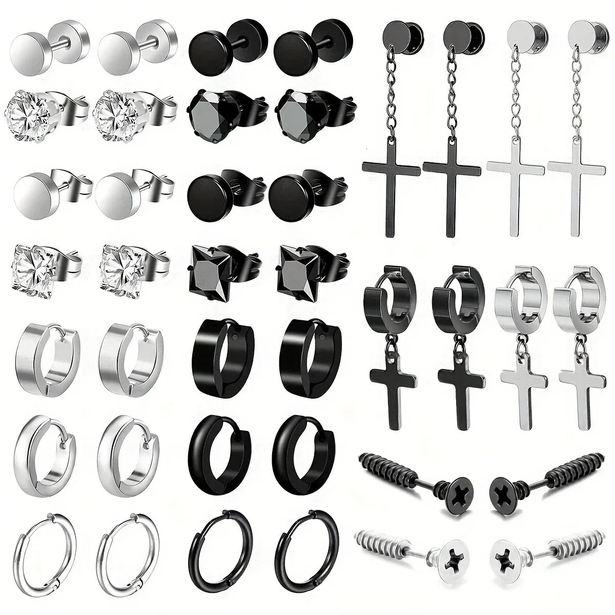 Simple Stainless Steel Zircon Stud Earrings For Men Cross Pendant Hoop Earrings For Daily Wear 250818