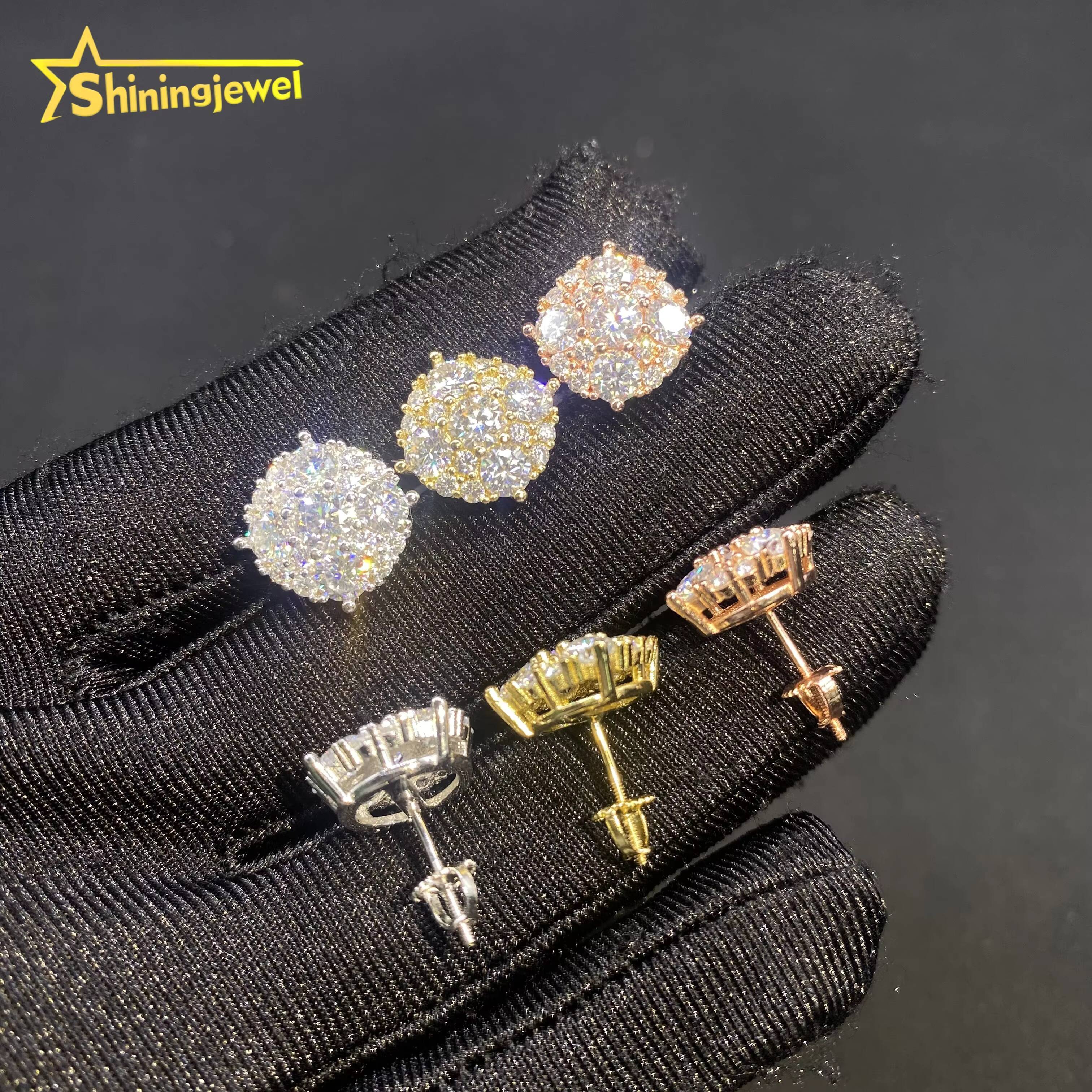 Trendy 12mm Screw Back Diamond Ear Studs VVS Moissanite Iced Out Pass Diamond Tester Hip Hop Jewelry 925 Silver Stud Earrings