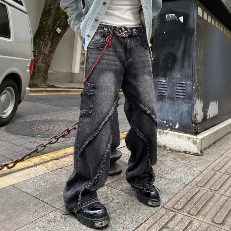 American High Street Washed Vintage Multi-Pocket Frayed Hem Jeans For Men Loose Straight Long Pants B5