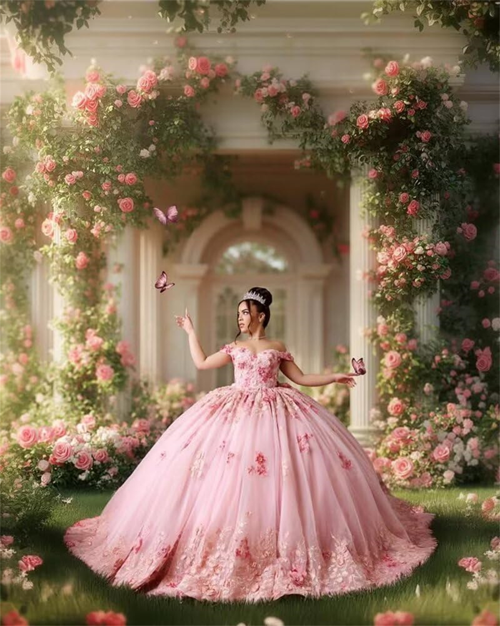 Robe de bal robes quinceanera fleurs roses sur les appliques d'épaule en lacets de chérie plus taille 15 16 robes de fête d'anniversaire princess