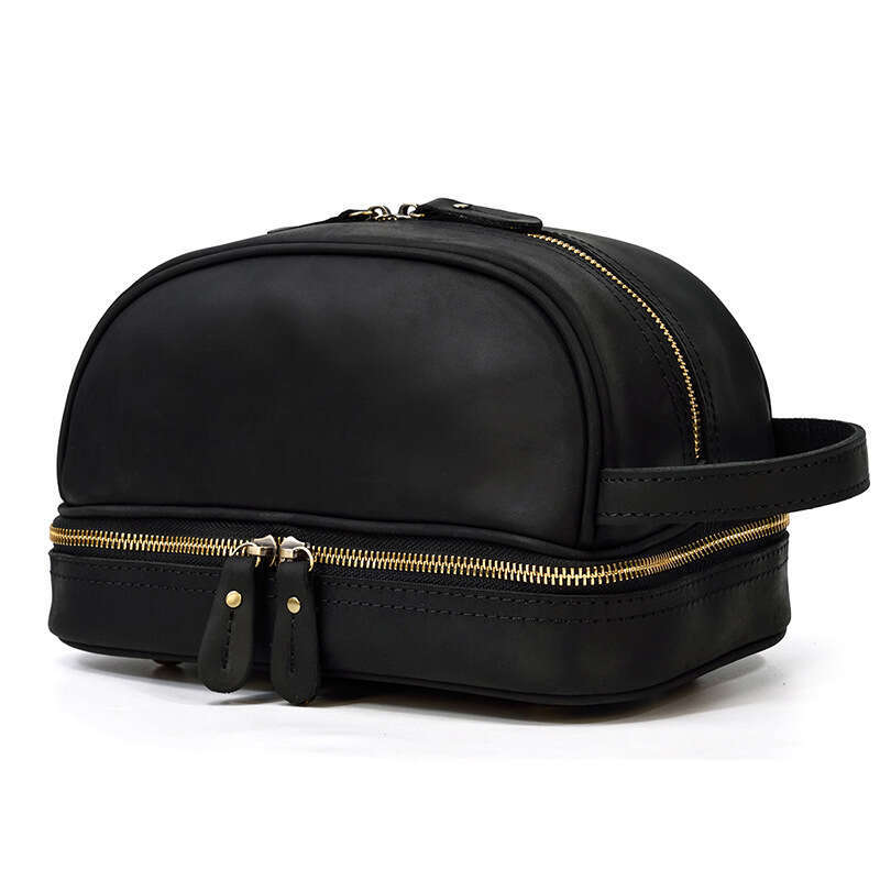 Hot Genuine Clutch Men's Crazy Horse Leather Double Layer Toiletry Unisex Cosmetic Organizer Bag