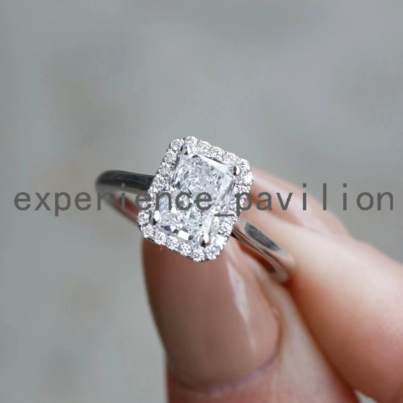 Fancy 2CT Radiant Center Moissanite Diamond in a Halo 14K White Solid Gold Engagement Ring for Women Jewelry