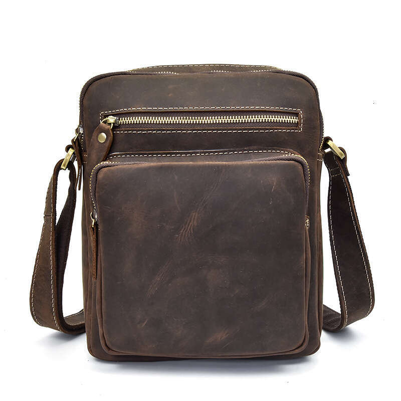 New Men's Genuine Top Layer Cowhide Crazy Horse Leather Vertical Single Shoulder Crossbody Bag