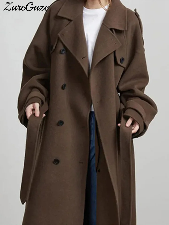 Fashion Belt Woolen Long Coats For Women Loose Lapel Sleeve Double Breasted Coat Autumn Winter Overcoat Streetwear 250820