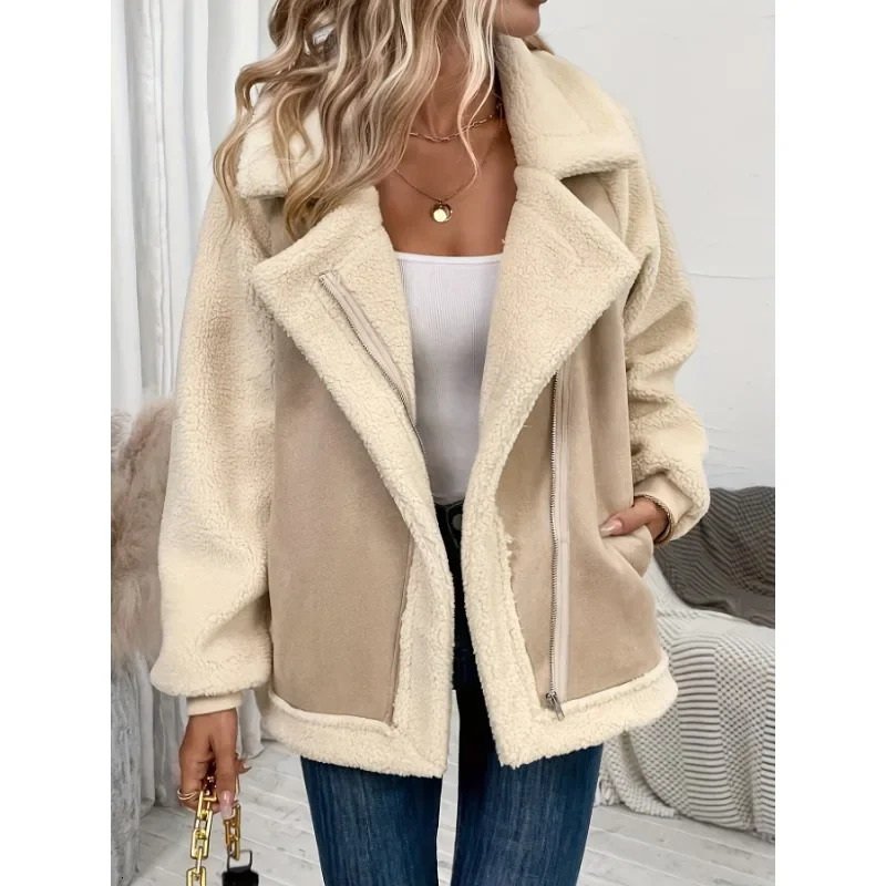 Autumn Women Zipper Front Thermal Jacket Casual European and American Style Warm Outerwear Lamb Wool Womens Clothing 250820