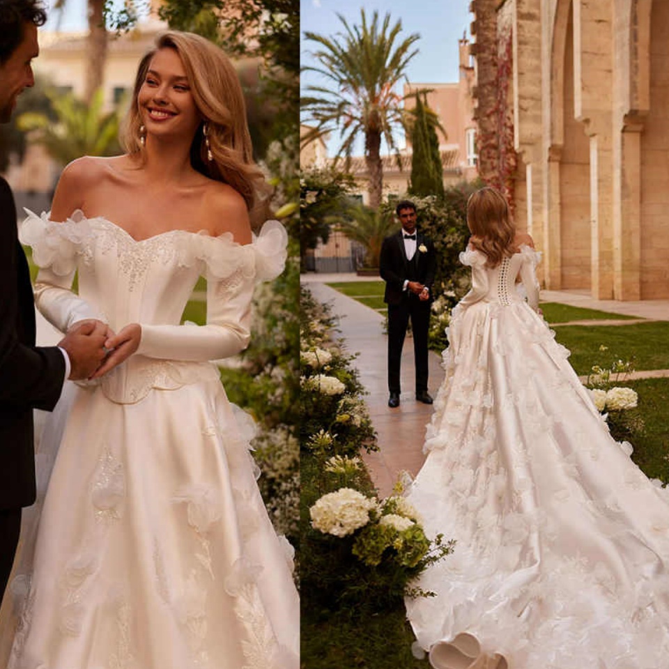 Robe de mariée de fleur 3D exquise Charming A-Line Satin Long Bridal Bride Nouvelles robes épaule personnalisées pour la mariée