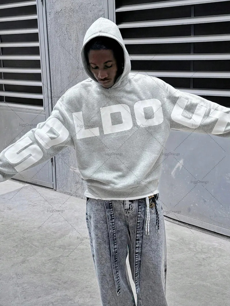 High Street Trendy Streetwear Hip-Hop American Retro Letters Gray Hoodie Gothic Harajuku Casual Loose Oversized Sweatshirt Men 250819