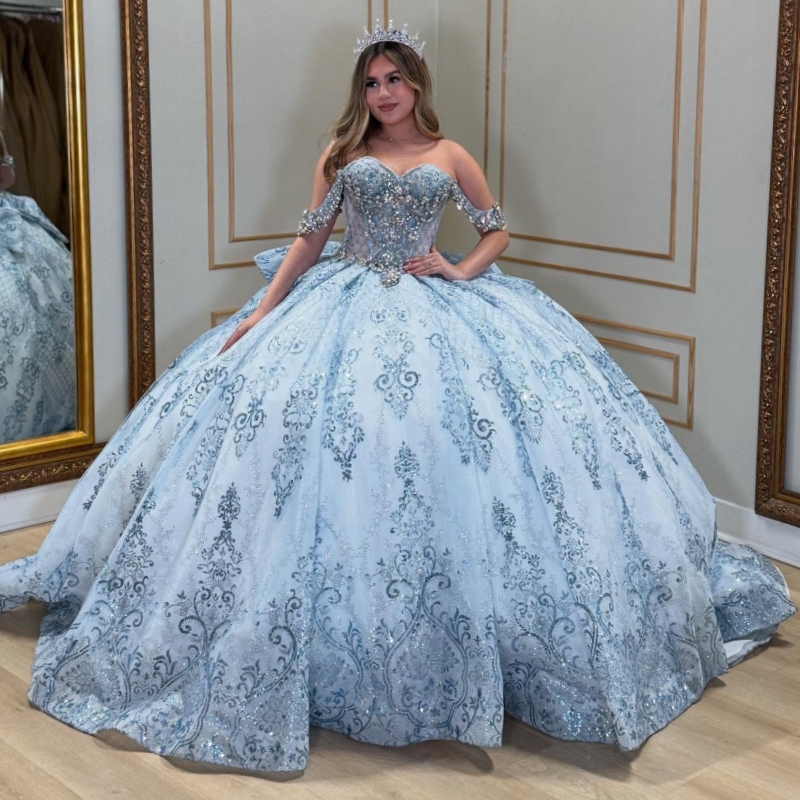 Ciel bleu brillant princesse sweet 16 robe robe quinceanera robes paillettes appliques perles de dentelle arc arboresque vestidos d'anniversaire