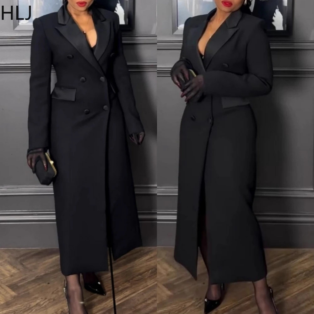 HLJ Black Elegant Women V Neck Button Long Dresses Office Lady Sleeve Pocket Slim Vestidos Spring Solid Blazer Dress 250820