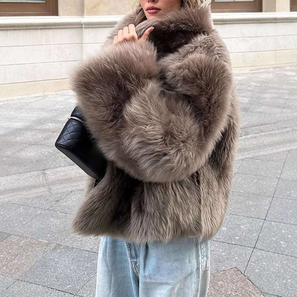 Loose faux fur jacket 2025 European and American lapel fashionable casual warm jacket mid length for women