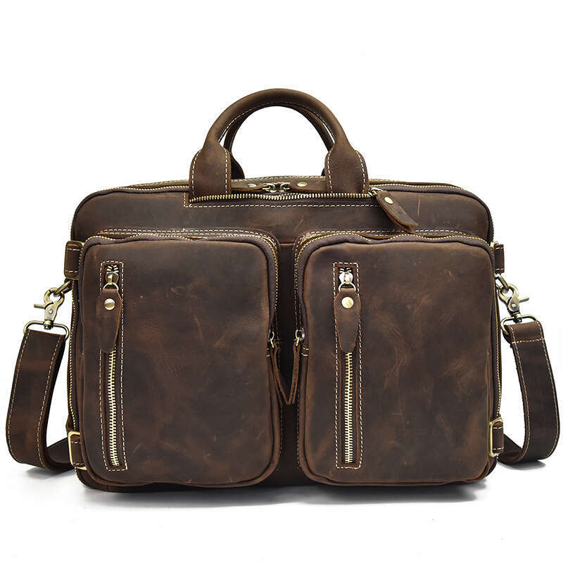 Genuine Crazy Horse Leather Briefcase Multifunctional Men's Handbag Cowhide Backpack Single Shoulder Bag