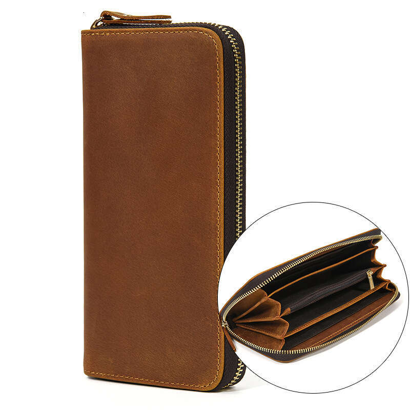 Men's Zipper Genuine Crazy Horse Leather Multi-Card Slot Four Compartment Phone Bag Long Wallet