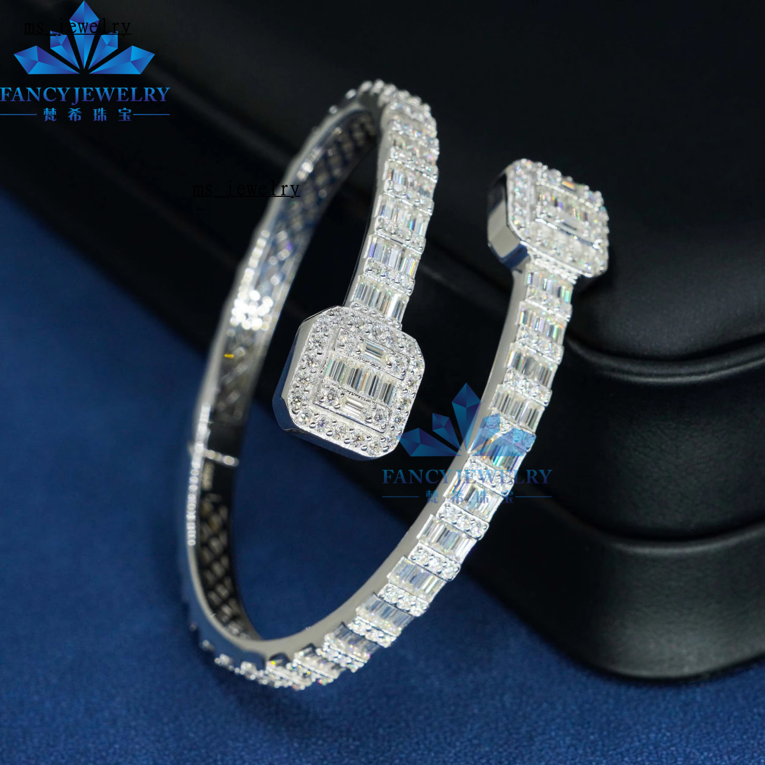 RTS 925 Sterling Silver Iced VVS Baguette Moissanite Bracelet Fine Jewelry Bangle for Men