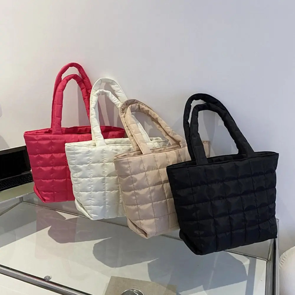 Solid Color Nylon Handbags Cotton Casual Tote Bags Women Large Capacity Winter Shoulder Bag For Girls Fashion Top Handle Bag 250814