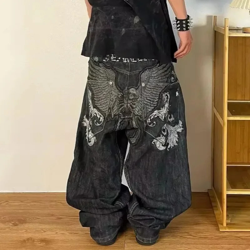 American Y2K Fashion Pattern Embroidery Loose Jeans Men Street Casual Joker Mopping Oversized Wide-leg Pants Couple Jeans 250820