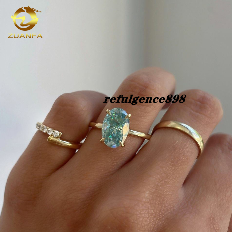Custom Fancy Blue Moissanite Jewelry Oval Cut Diamond Engagement Ring Fashion Band Halo Setting Rings for Women