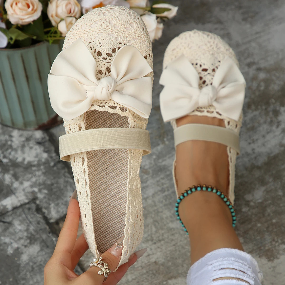 Shoes Women 2025 Summer Round Toe Embroidered Lace Shoes Mesh Loafers Womens Mom Flat Shoes Bretaheble Slip on Ballerina Flats 250820