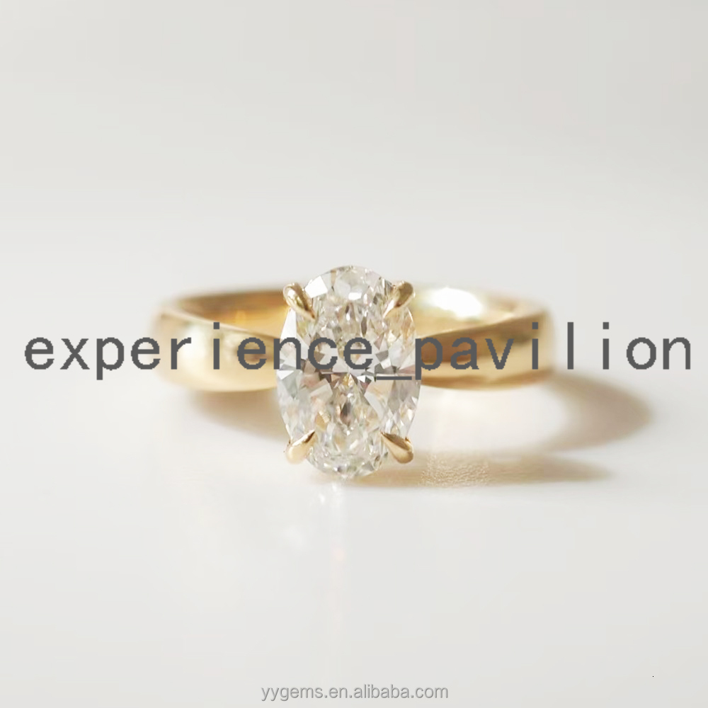 Custom Crafted 2CT Oval Moissanite Diamond Solid Yellow Gold Wide Band Solitaire Fine Jewelry Women Engagement Rings