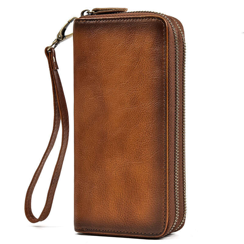 New Men's Long Vegetable Tanned Brushed Color Double Zipper Wallet Business Genuine Leather Clutch with Hand Strap