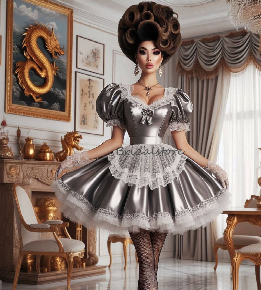 Robe de femme de chambre grise gracieuse avec tablier une ligne mini robe de bal courte pour les filles noires cosplay uniforme cocktail de soiré