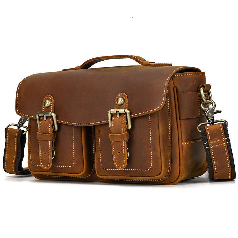 New Crazy Horse Camera Genuine Leather Single Shoulder Crossbody Men's Casual Messenger Cowhide Handheld Photography Bag