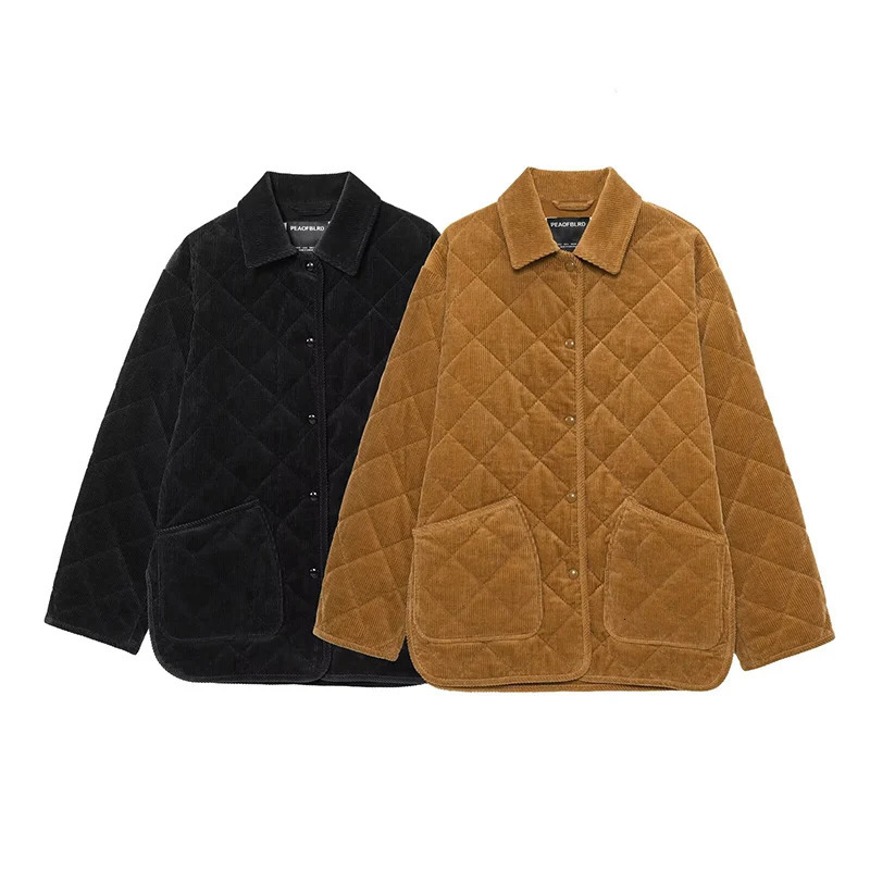 TRAF Vintage Corduroy Fashion Autumn Jacket Women Single Breasted Loose Coat Turndown Pockets Casual Female Jackets 250820
