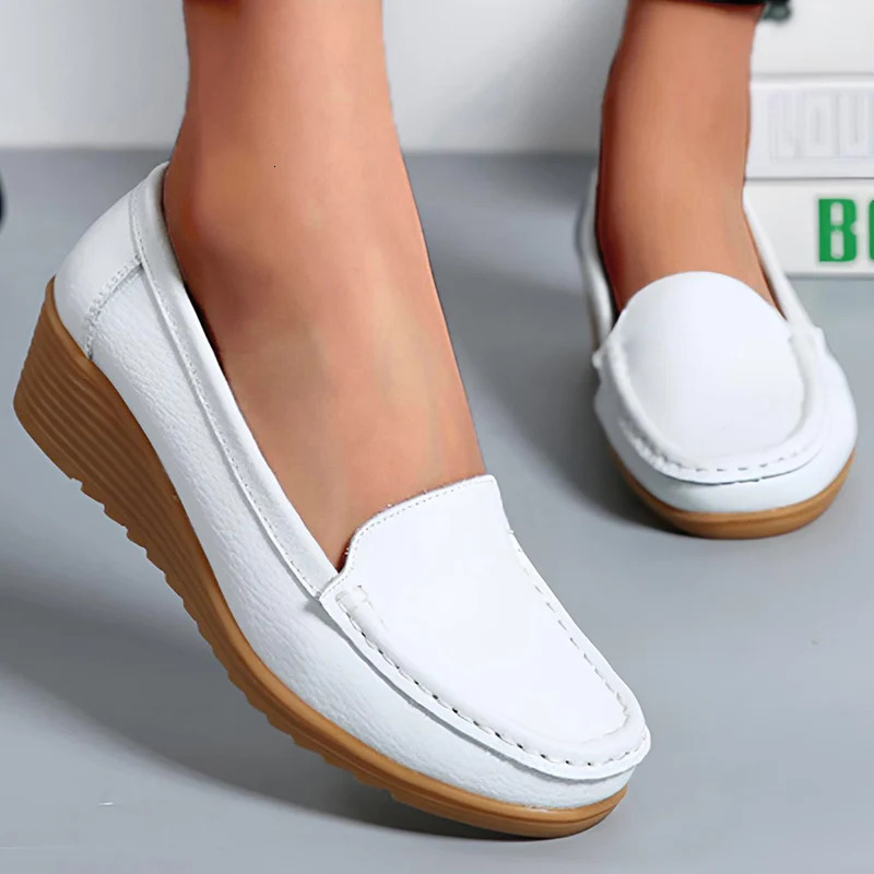 Leather Shoes For Women Flats White Black Loafers With Heels Shoes Casual Womens Moccasins Slip On Flat Shoes Summer Footwear 250820