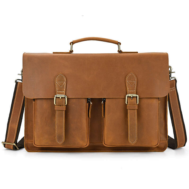 Genuine Crazy Horse Leather Briefcase Top Layer Cowhide Men's Handbag 14inch Laptop Bag