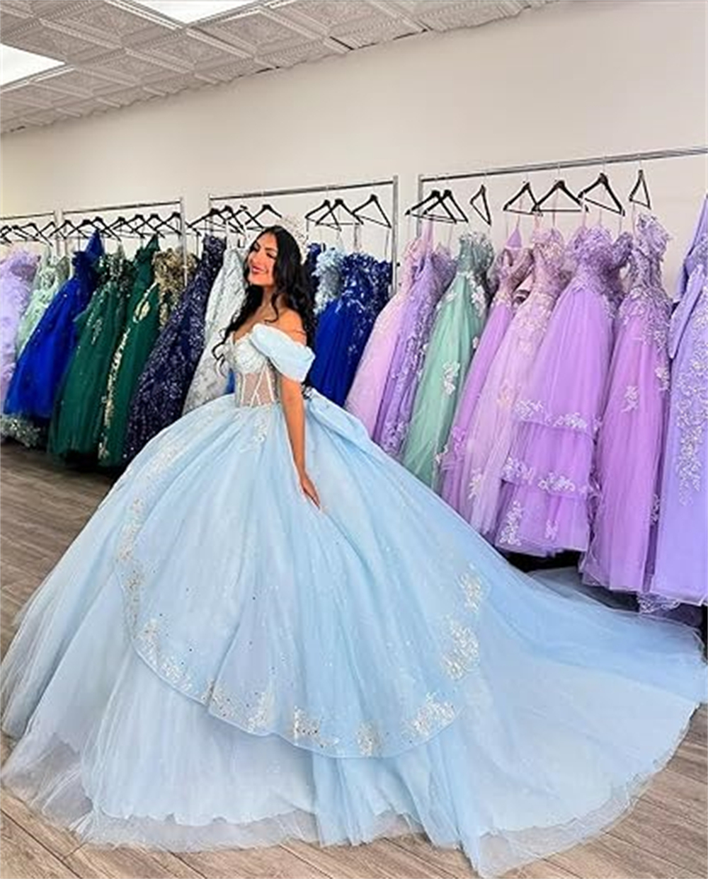 Ball Gown Quinceanera Dresses Light Sky Blue See-through Off the Shoulder Appliques Lace-up Plus Size Sweet 15 16 Princess Birthday Party Gowns V
