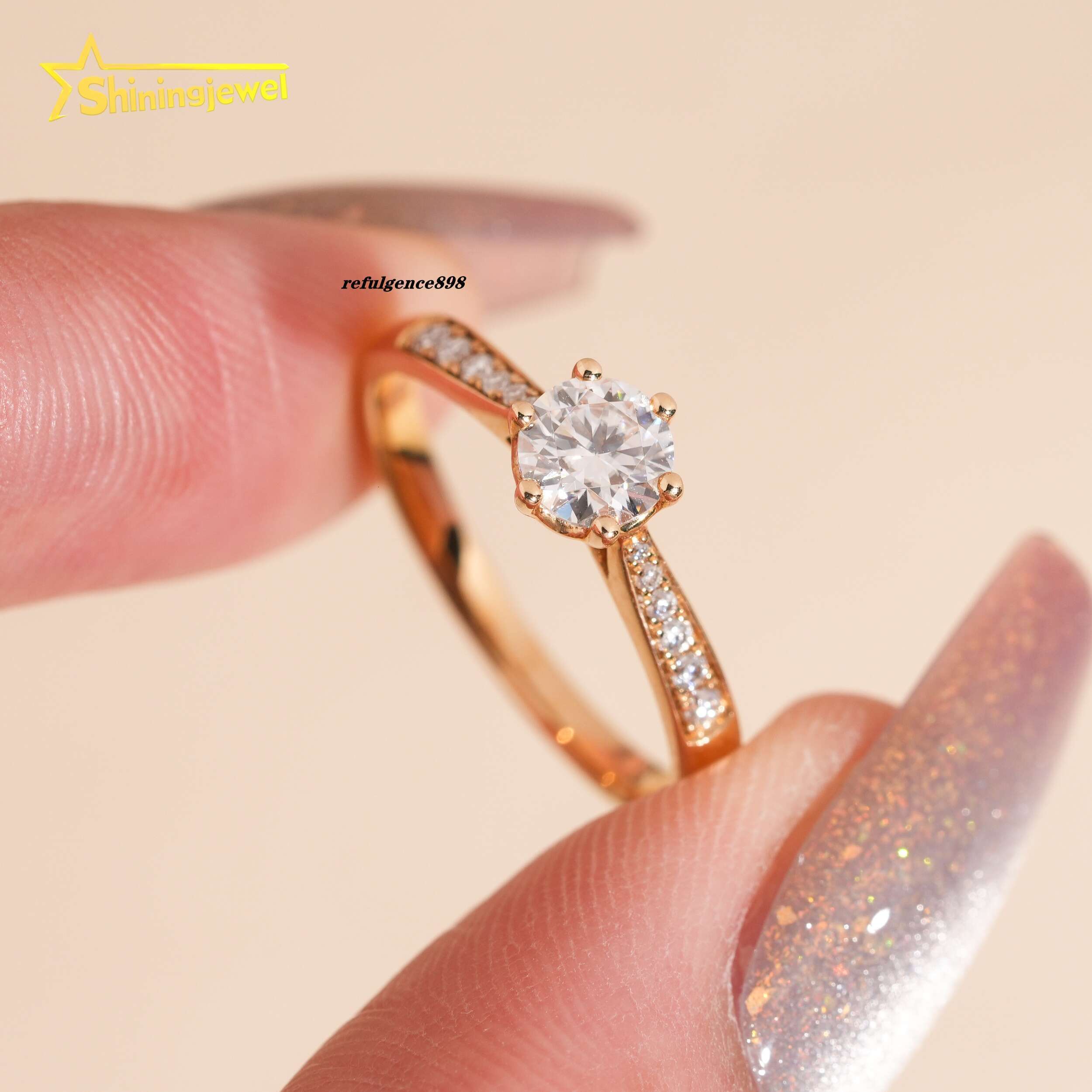 Classic 6 Prongs14K Solid Gold D VVS Moissanite Ring Fine Jewelry Custom Moissanite Ladies Ring for Engagement Wedding