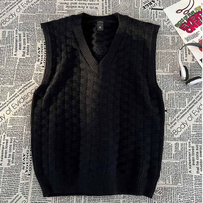 Simple Jacquard Horizontal Checkered Pattern Vest Cotton Soft Yarn Men Knitted Sweater Vest Trendy Shoulder V-Neck Sweate250819