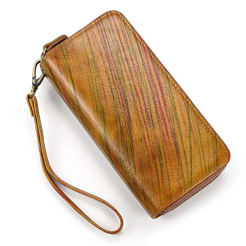 Portefeuille en cuir véritable pour hommes, haut de gamme, motif aquarelle, pochette à Double fermeture éclair, fente multi-cartes, pince à bille