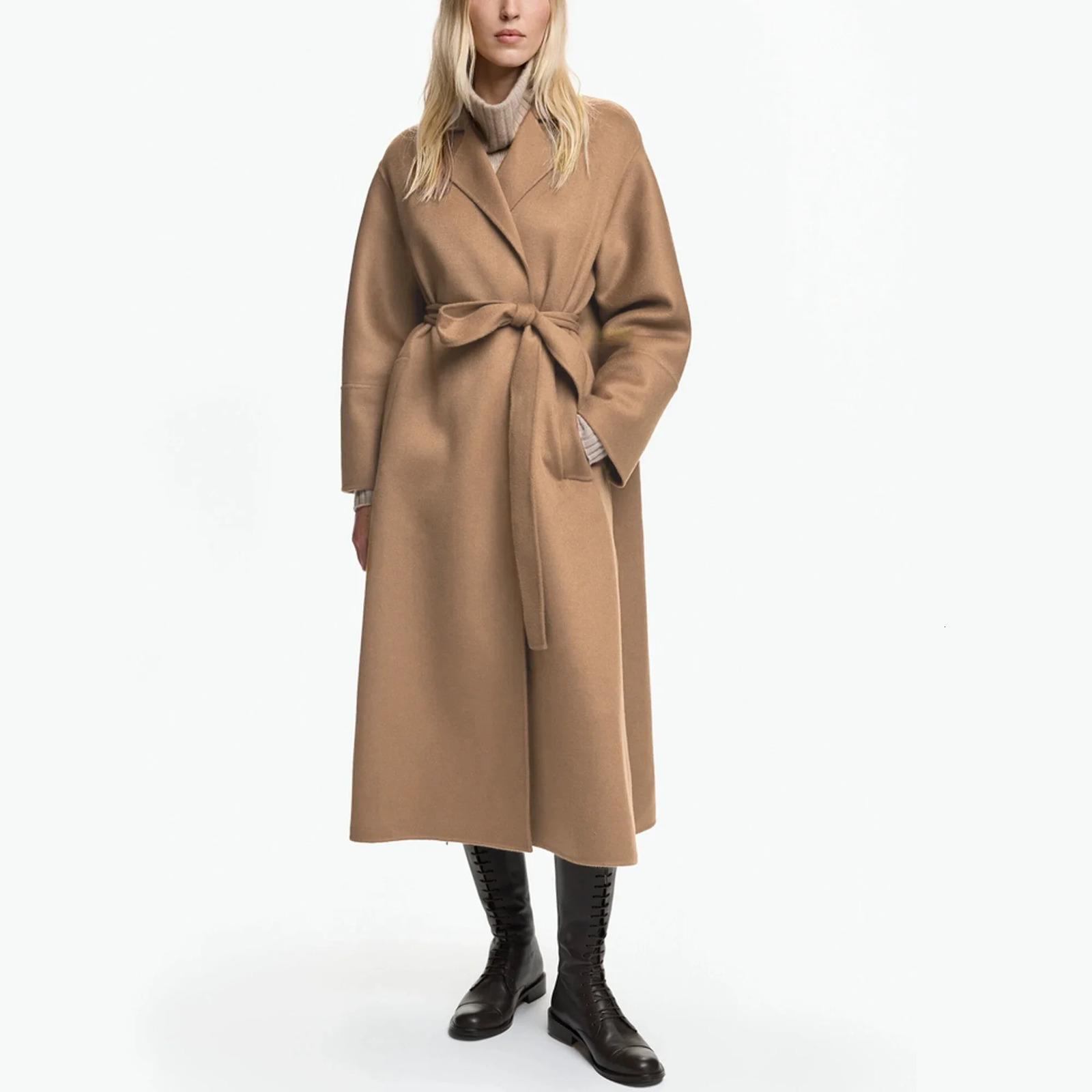 Womens Woolen Coats Vintage Belt Long Casual Loose Solid Lapel Coat Female Winter Elegant Chic Street Outwear 250820