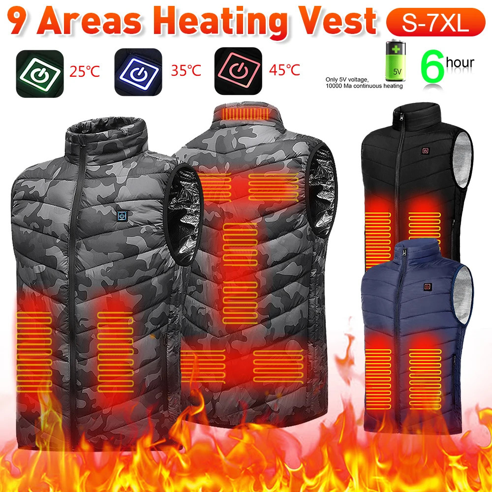 9 Heated Areas Vest Jackets Black Electric Heating Jacket Man Women Waistcoat Outdoor Camping Self Heating Vest Coats with Zip 250815