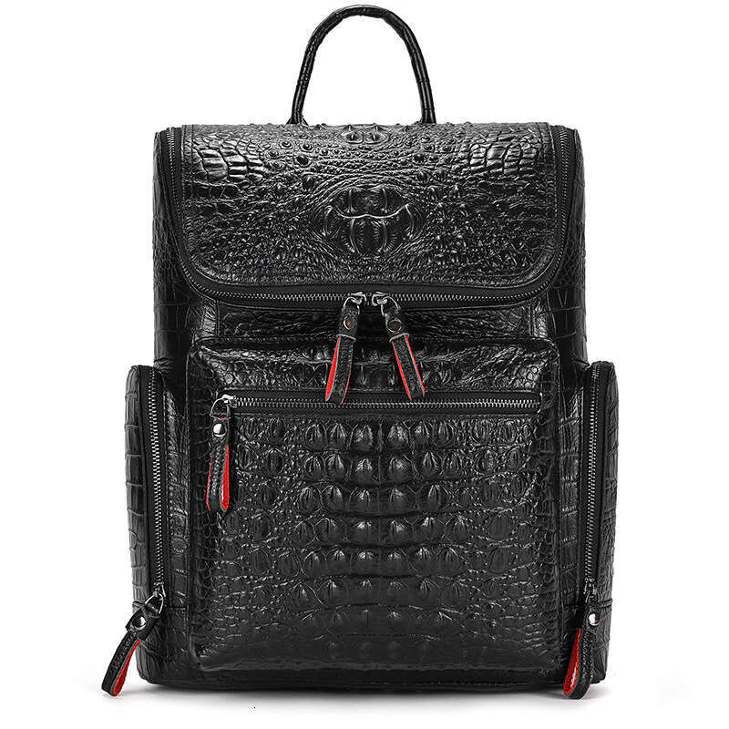 Genuine Leather Crocodile Pattern Backpack Black Fashion Men's Double Shoulder Cowhide Casual Travel TikTok Commuting Laptop Bag