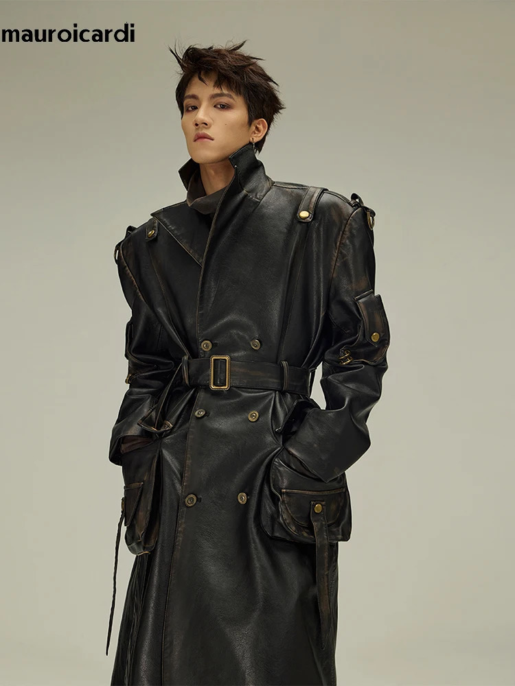 Mauroicardi Spring Autumn Long Distressed Black Pu Leather Trench Coat Men Belt Double Breasted European Fashion 250820