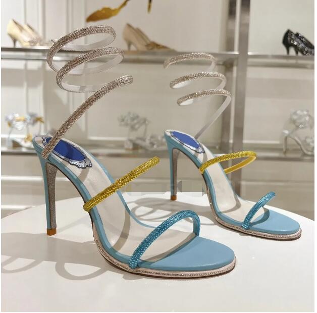 Designer crystals Sandals Women's High Heel Shoes Woman leather rhinestone shoes Classic Ladies Sexy Snake shaped winding sandals Summer Pumps