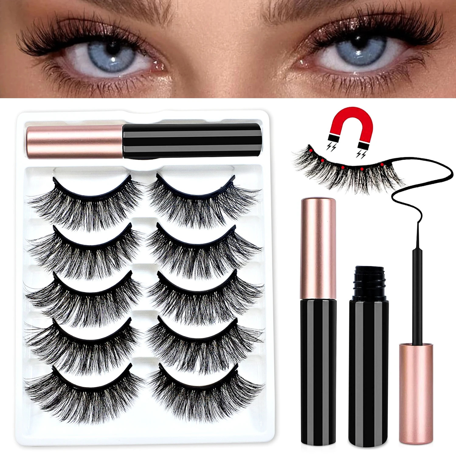 Redsiren 5 paires de cils magnétiques avec eye-liner réutilisable épais cils pour les yeux naturels à 5 pièces fausses cils 250819
