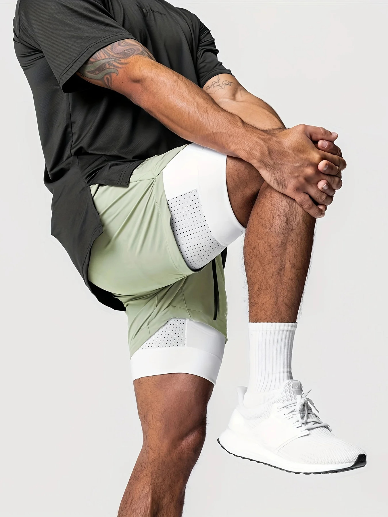 Sports shorts for men double layered quarter quick drying elastic running training equipment deep squat fitness250820
