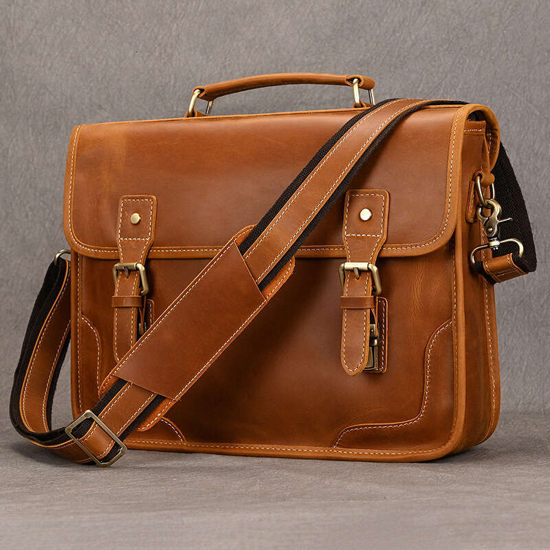 Crazy Horse Briefcase Genuine Leather Single Shoulder Crossbody Top Layer Cowhide Business Handbag Men's Bag