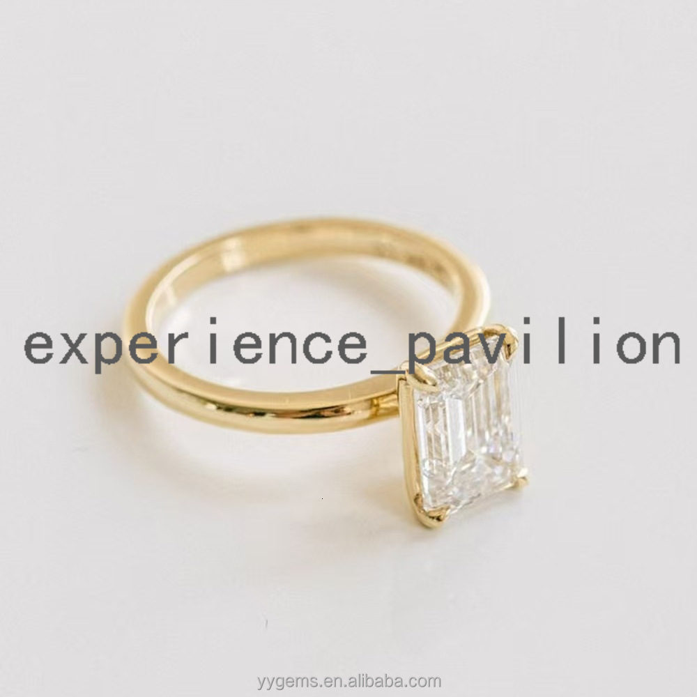 Fashion 4 Prongs 3CT Emerald Cut Moissanite Solid Yellow Gold Solitaire Ring Fine Jewelry Women Engagement Rings