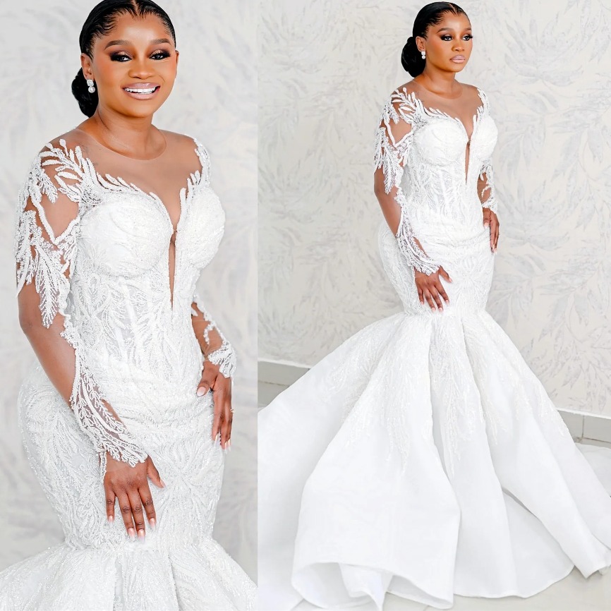 2025 Arabic Aso Ebi Plus Size Ivory Satin Mermaid Wedding Dresses Sequined Lace Sheer Neck Full Sleeves Bridal Gowns Dress