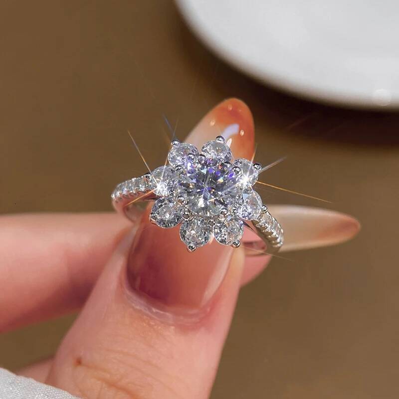 KNB 1CT Round Moissanite Diamond Gold Flower Ring Suitable for Women Wear Real 925 Sterling Silver High Quality Fine Jewelry