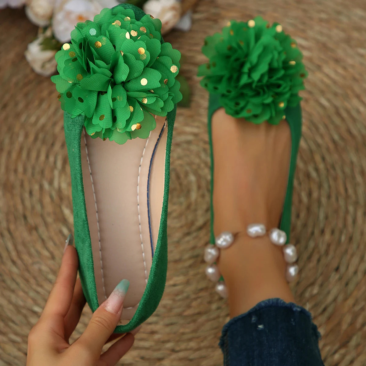 Flower Decor Ballet Flat Shoes Women 2025 Spring Slip on Loafers Woman Plus Size 42 Comfort Soft Sole Casual Flats 250820