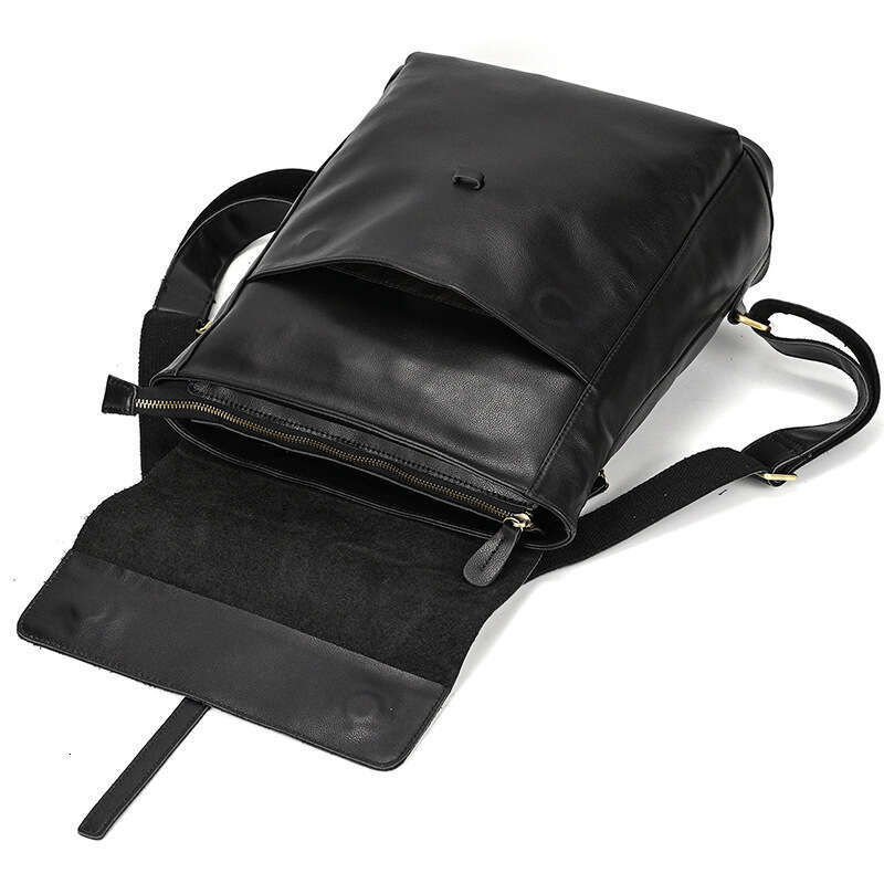Genuine Leather Commuter Backpack Fashion Black High-End Top Layer Cowhide 15inch Double Shoulder Unisex Flap School Bag