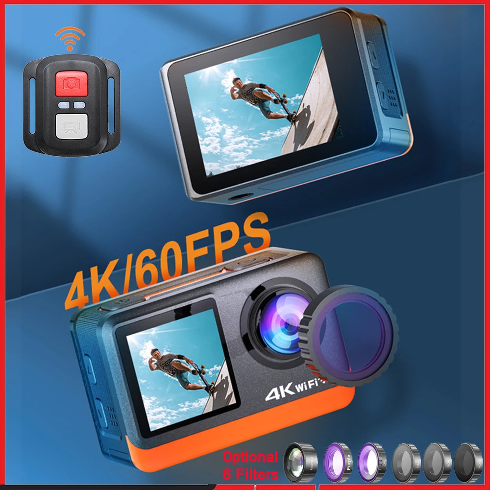 2 Touchez la caméra d'action à double écran IPS 4K60FPS 30MP DVR Wi-Fi 170D EIS Filtre facultatif 1080p webcam sous-marin 30m Sport Cam 250813