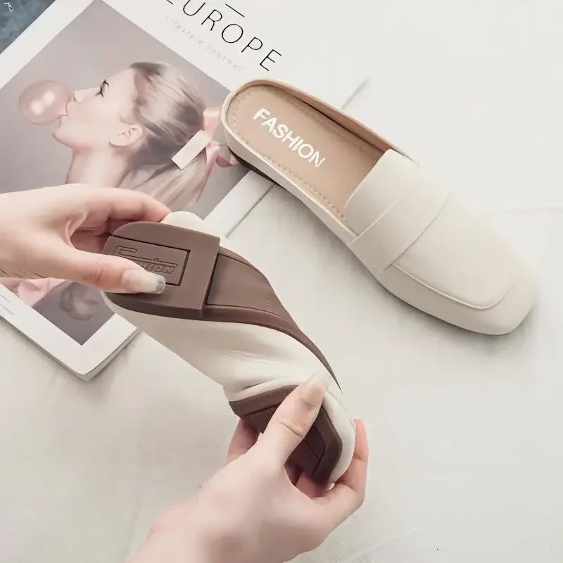 Baotou Half Slippers Women 2024 New Fashion Flat Soft Leather Slip-on Lazy Soft Sole Flat Shoes Zapatos Mujer Women Shoes 250820