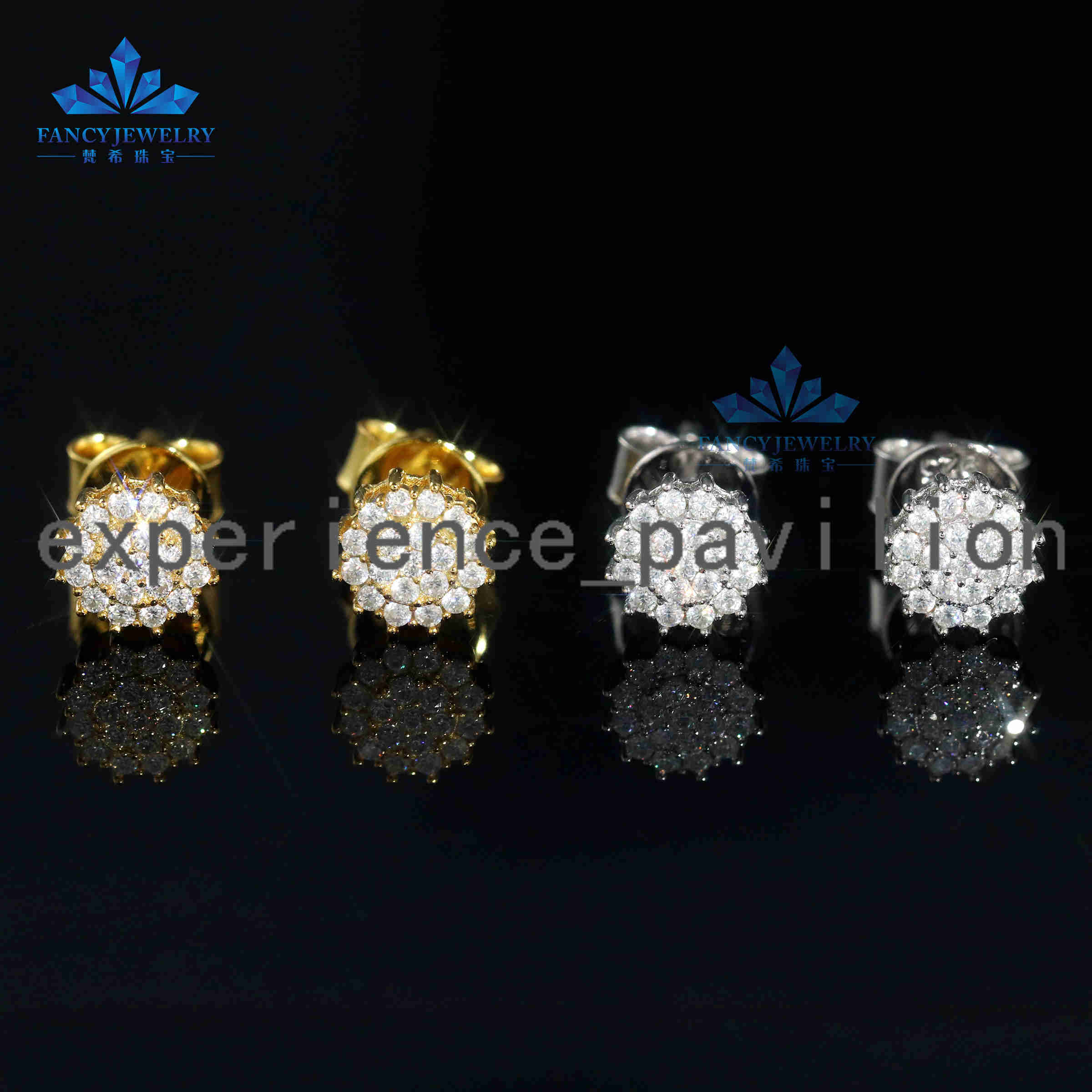 Élégants boucles d'oreilles élégantes 925 Silver Moissanite éblouissantes 6 mm Flower Cluster Iced Out Gold plaqué de tournesol
